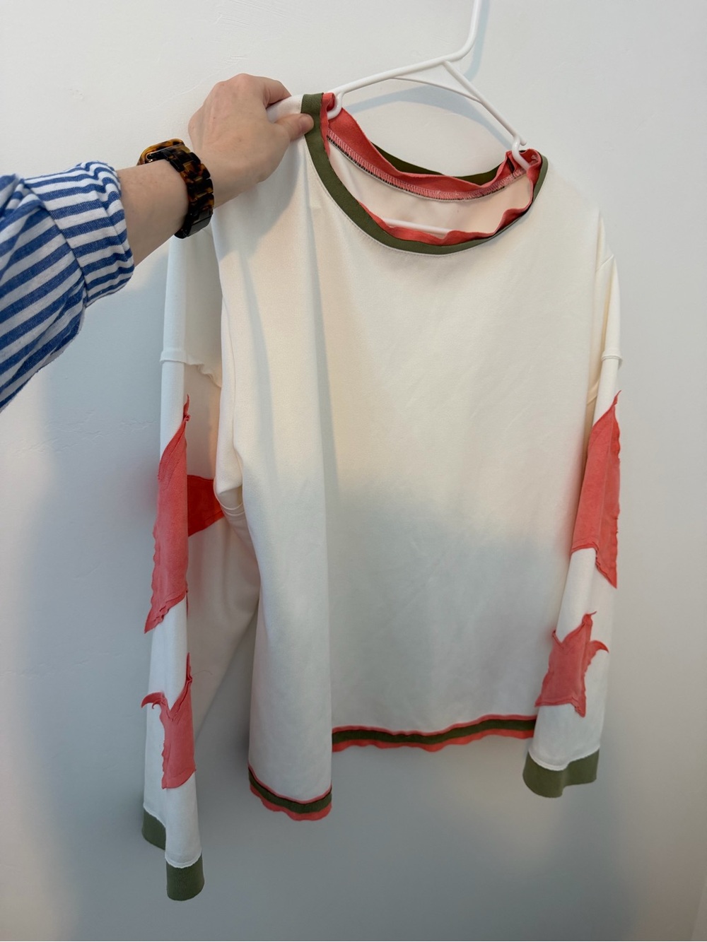 Cream Long Sleeve Top with Coral Accents and Olive Trim